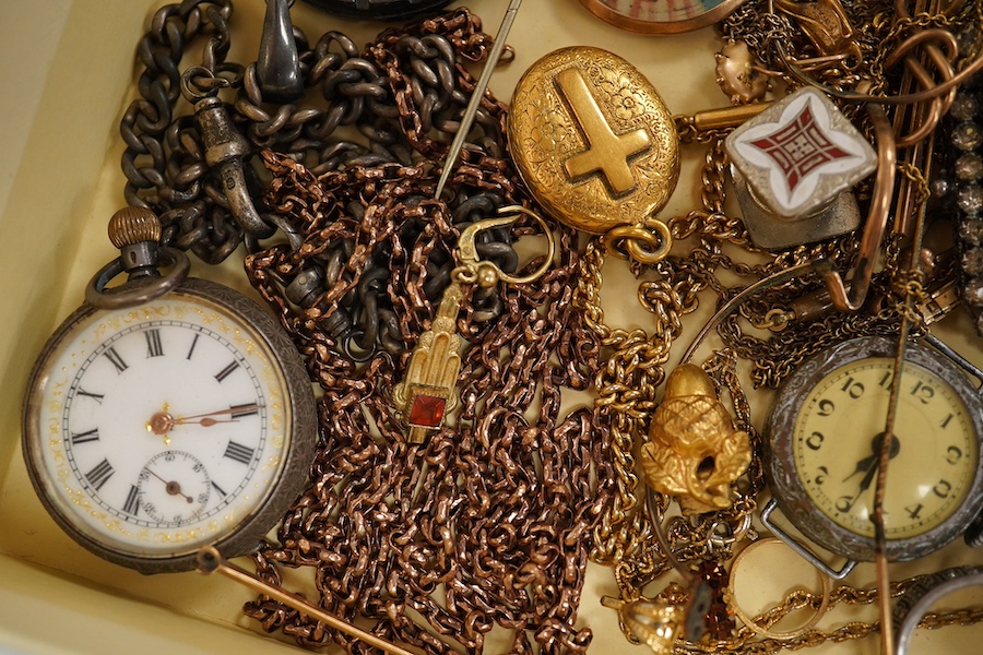 A collection of mixed costume and other jewellery, including a 9ct bar brooch, a 9ct cross pendant, a yellow metal oval locket, a Victorian white metal aesthetic locket, on a silver albert, a Swiss 935 fob watch, gentlem